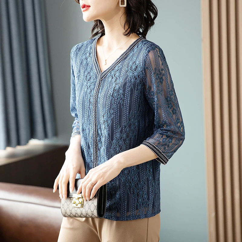 Elegant Floral Lace Hollow Out T-shirt Female Casual Loose Bright Line Decoration 3/4 Sleeve Spring Autumn V-Neck Pullovers 2023