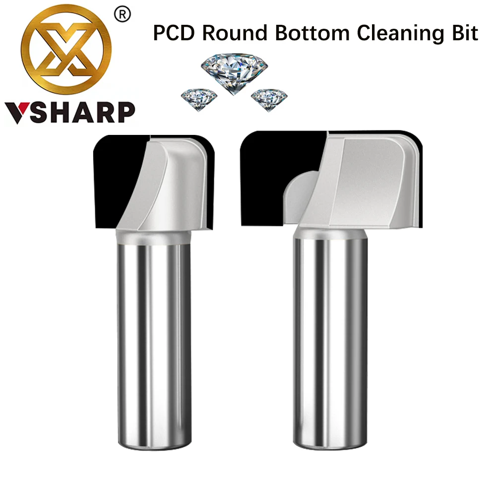 Vsharp PCD Double Arc Round Bottom Cleaning Bit Diamond Cabinet Door Panel Router Bit Woodworking End Mill for MDF Particleboard