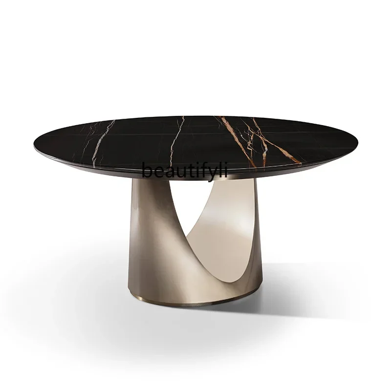 

A55 Italian light luxury natural stone marble dining table round villa large flat dining table designer home