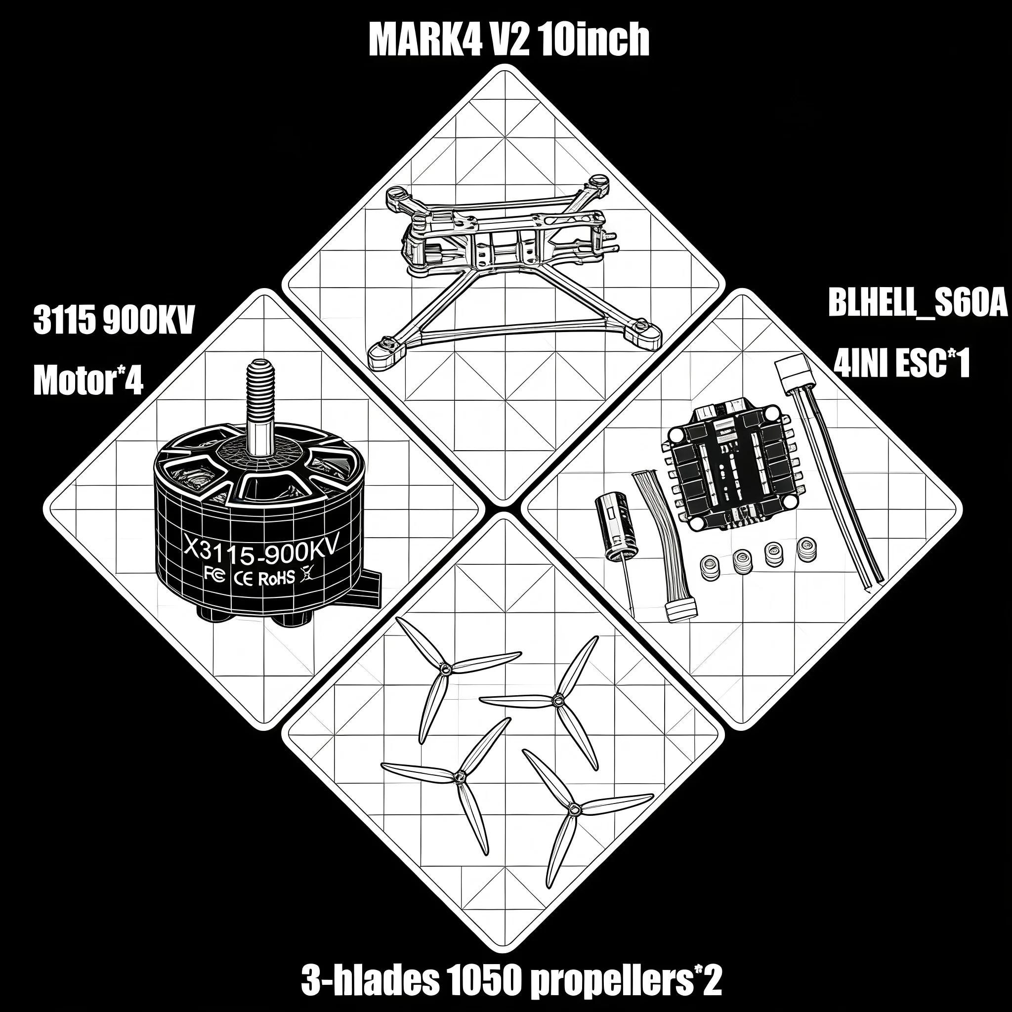 

RCtoSky MARK4 V2 5 7 8 9 10-inch Flight Control 45/60A 4INI ESC rack drone FPV carbon fiber PV Racing Drone Quadcopter Freestyle