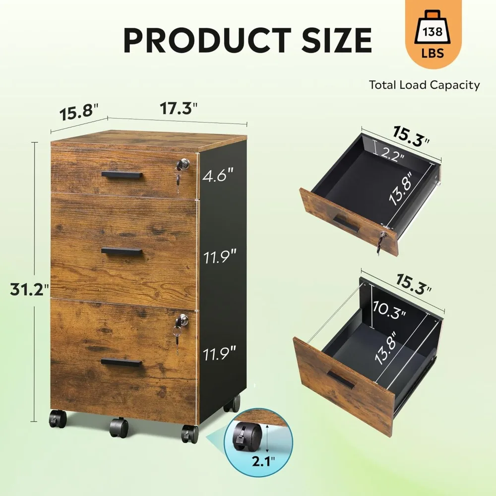 خزانة ملفات خشبية دوارة بثلاثة أدراج مع قفل، مناسبة لوثائق حجم الحروف/A4، بني ريفي للاستخدام المنزلي والمكاتب