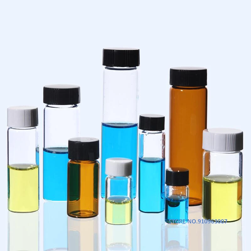 20pcs/pack 3ml to 60ml Clear Glass sample bottles with black plastic screw cap, essential oil bottle for lab use