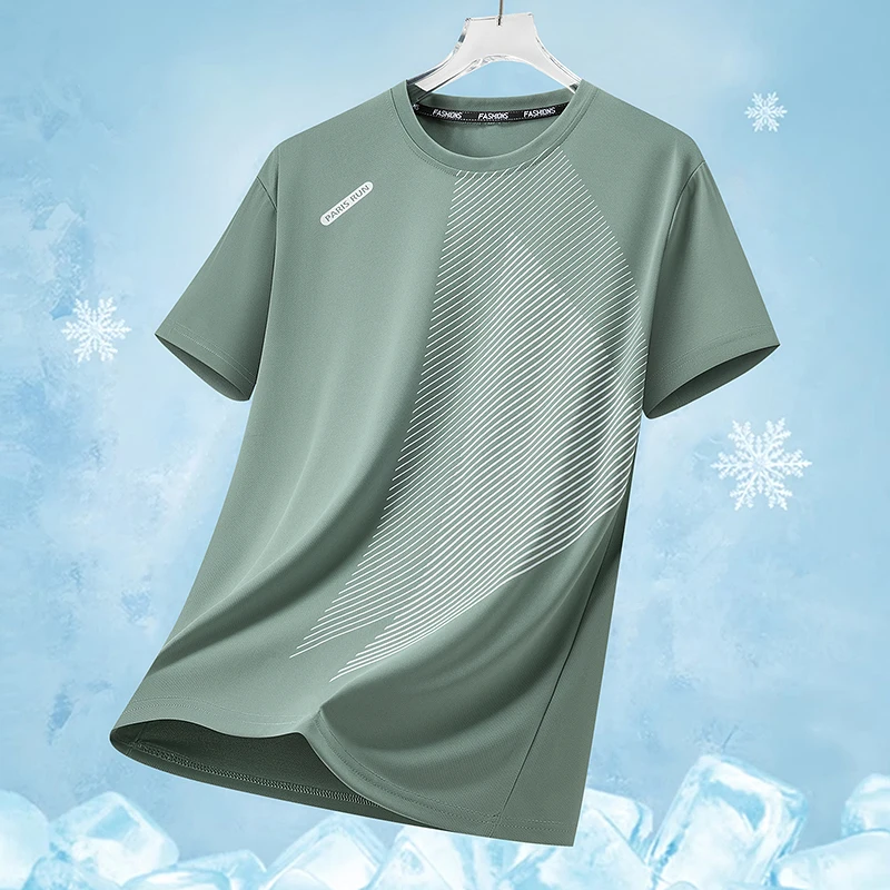 

Men's Summer Ice Silk Quick Dry Round Neck Short Sleeve T-Shirt Fashionable Striped Casual Outdoor Sports Running Top