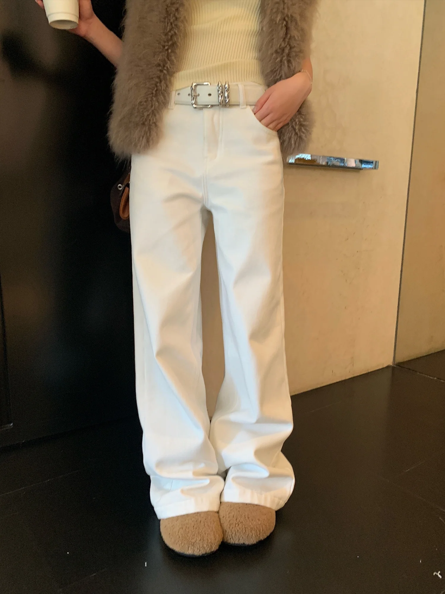 

Женские свободные джинсы с широкими штанинами, прямые, из денима, белые, зимние, новые, в американском повседневном стиле, хлопковые, с высокой талией