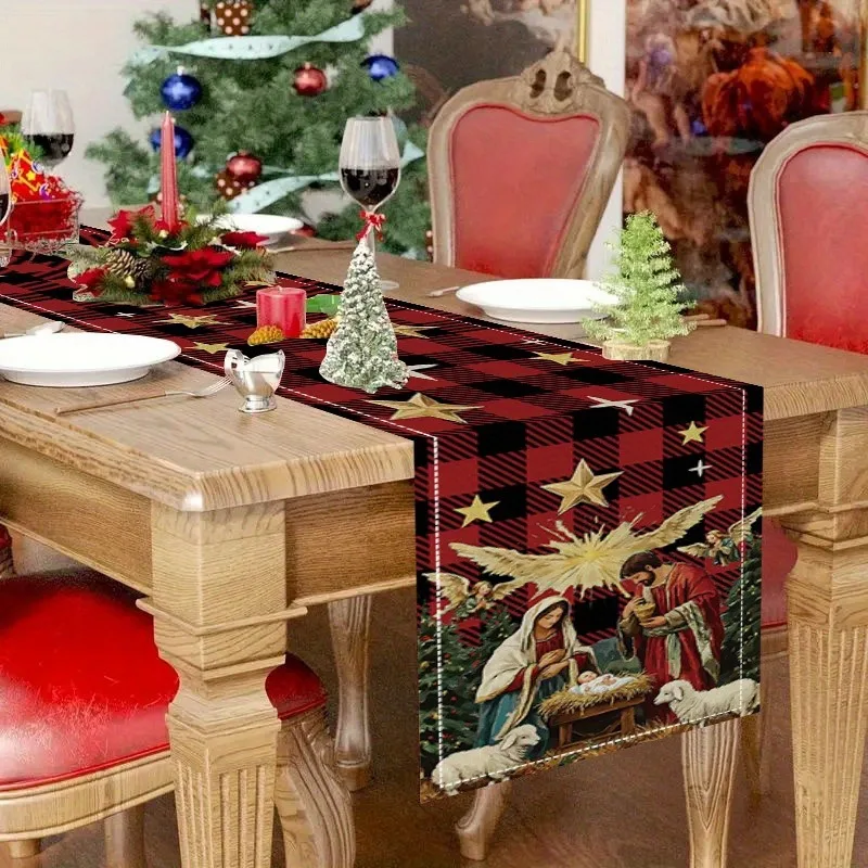 Christmas Nativity Table Runner, Buffalo Plaid Holy Family Angel Sheep Print, Religious Winter Holiday Dining Table Decor