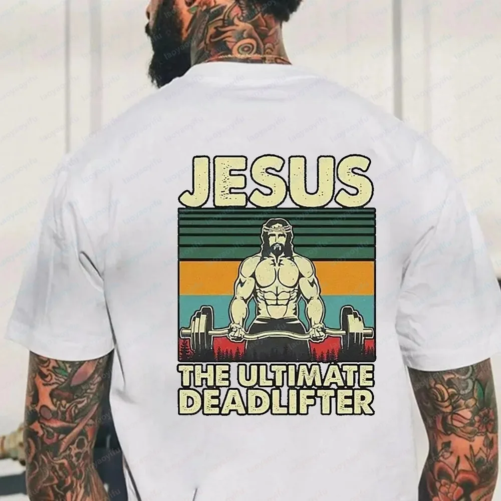Jesus Lifting Weights Graphic Tee Christian Fitness Tops Unique Fashion Streetwear Gym Soft High Quality Cotton T-Shirt for Men