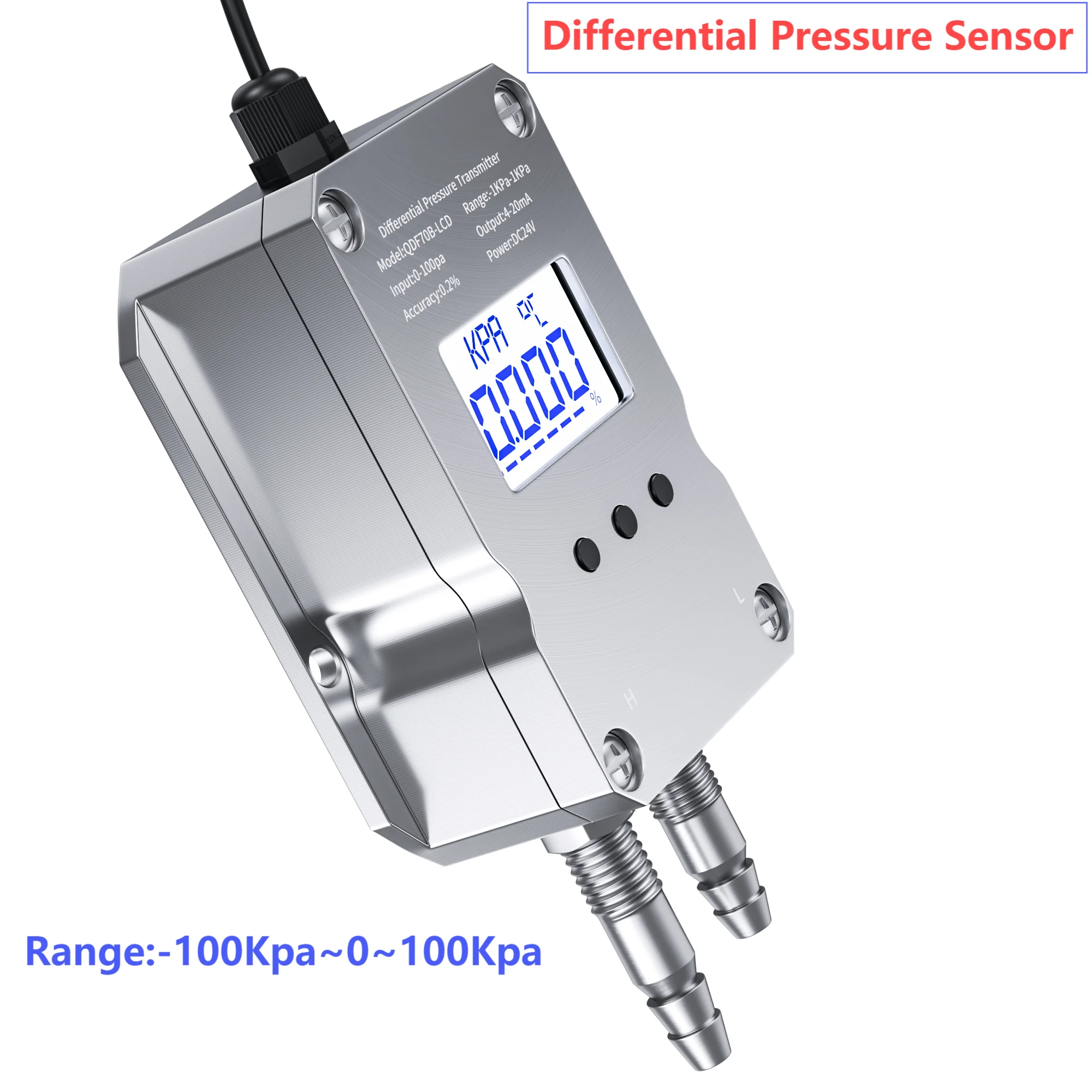 LCD Differential Pressure Transmitter 0-200Pa to 4-20mA 0-5V Wind Pressure Converter 10Kpa to RS485  Air Pressure Transducer