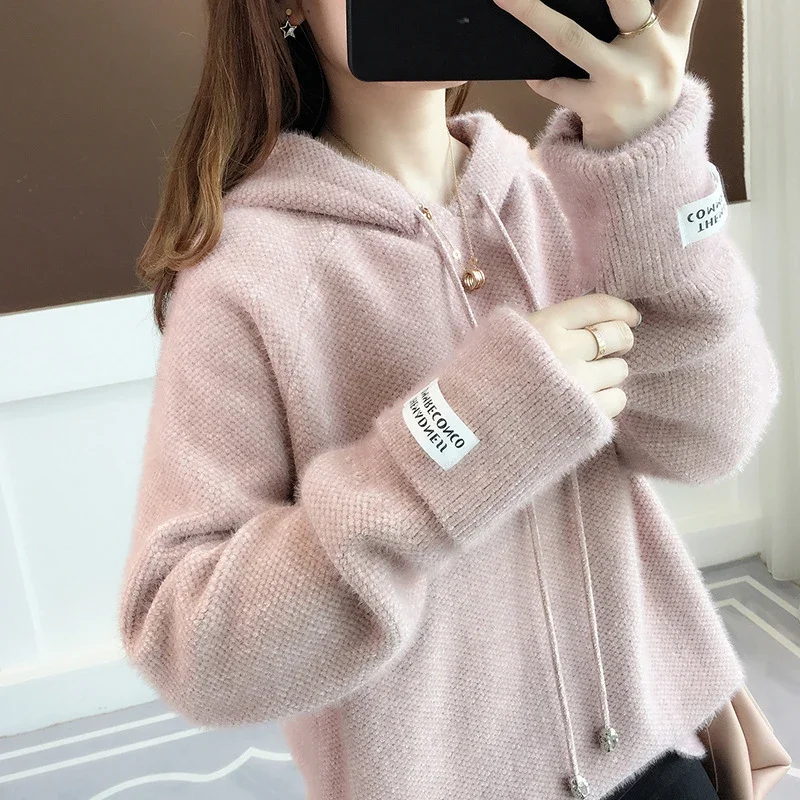 Knitted Hoodies Women 2022 Autumn Winter Korean Long Sleeve Sweater Hooded Sweatshirt Female Pullover Blue Knitwear Fuzzy Tops