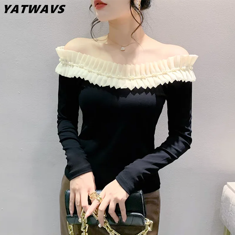 

High Quality Fashion Women Cotton T-Shirt Clothes New Sexy Off Shoulder Chic Ruffled Beading Tees Femme Long Sleeve Slim Tops