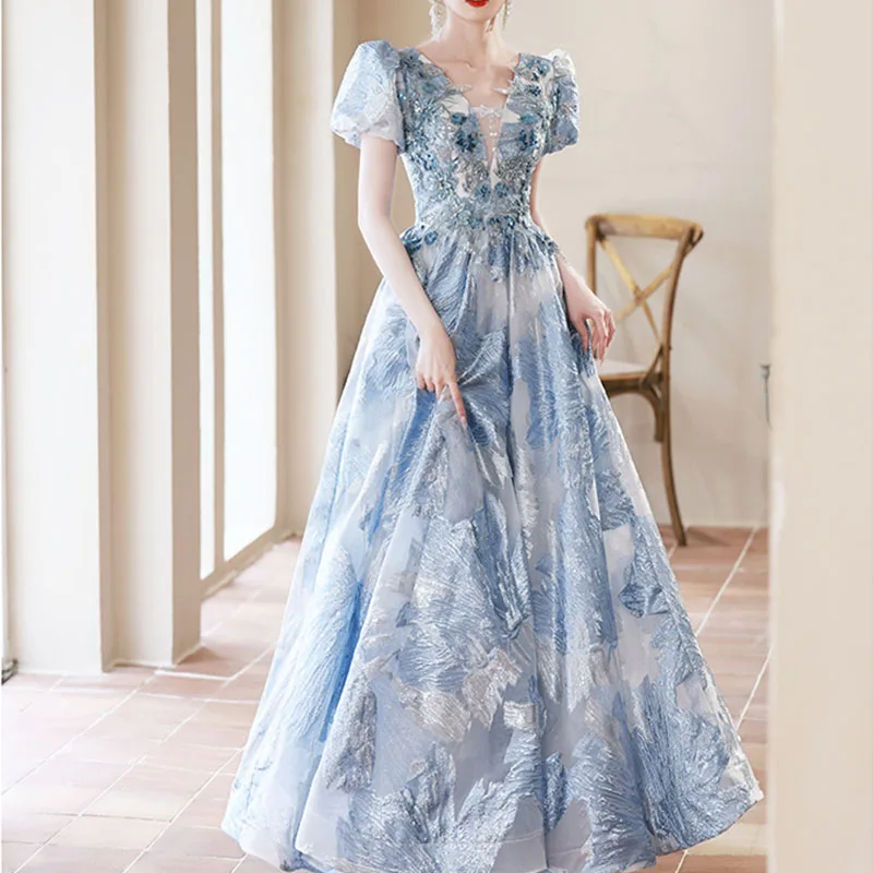 Luxury Evening dresses Blue Exquisite Print Dinner Party New Style for Women Beaded Decoration Prom Dress Vestidos de Fiesta