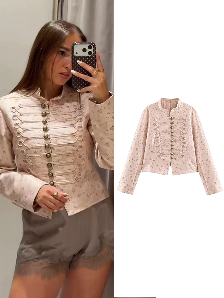 TFMLN 2026 Autumn Women Floral Print Cropped Jacket Stand Collar Long Sleeve Button Front Vintage Slim Short Coat Chic Blazer