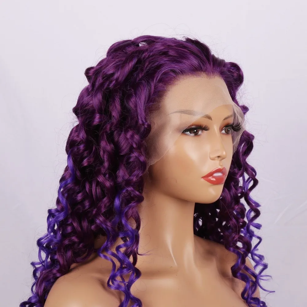 Ombre Purple Afro Curls Długie peruki Syntetyczna koronka z przodu Długie kręcone włosy dla kobiet