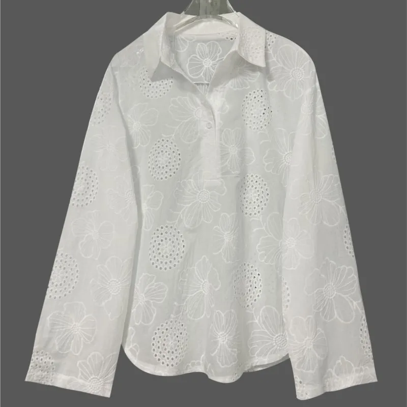 Chic Flower Embroidery White Shirt Women Fashion Lapel Long Sleeve Lapel Button Loose Casual Blouses & Shirts Office Lady Top