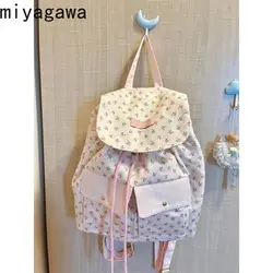 Miyagawa Floral Canvas Sweet Chic Korean Mini Backpack 2024 Spring New Campus College Student Small Backpacks