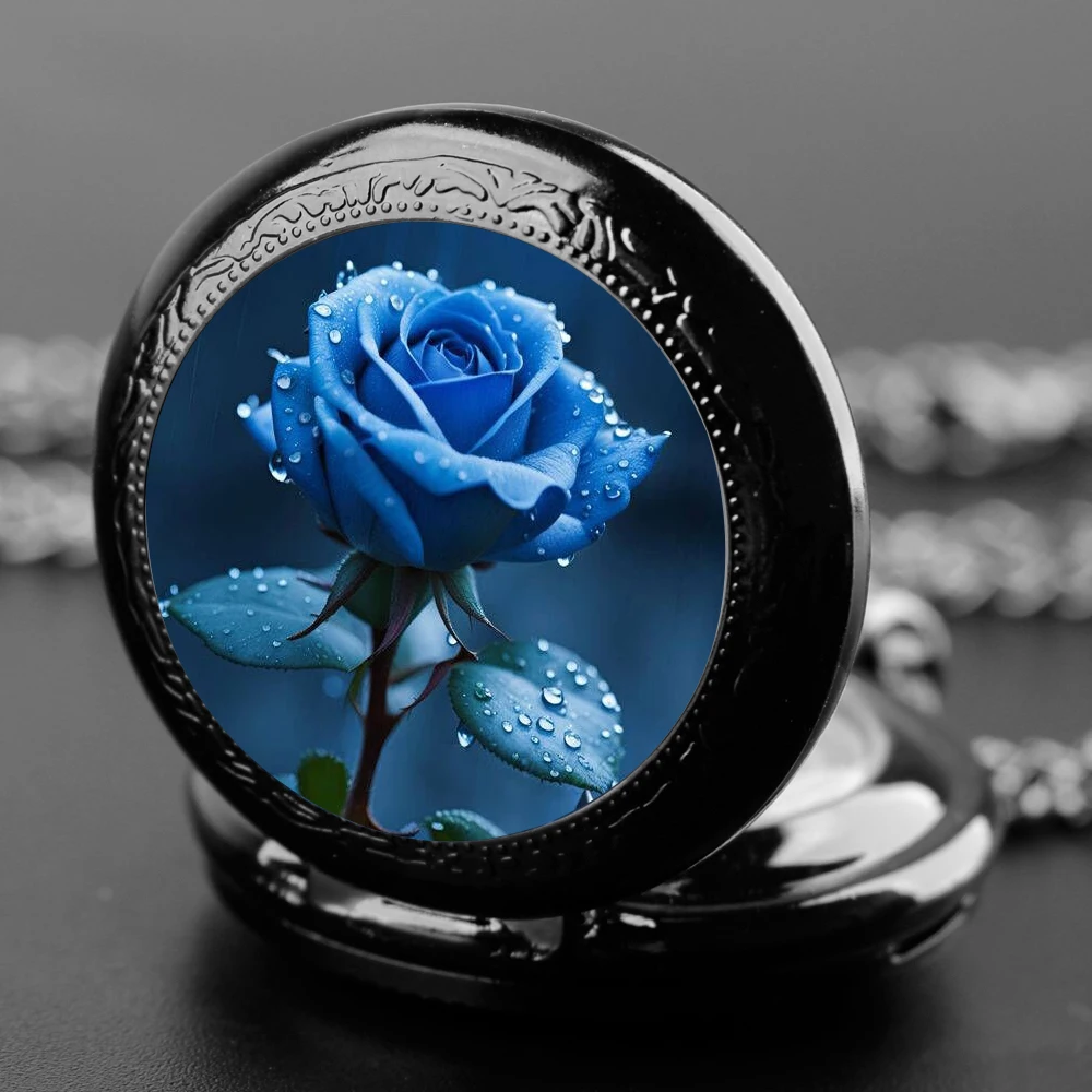 Модные черные кварцевые карманные часы из нержавеющей стали с синей розой и лотосом, ожерелье для женщин и мужчин, ювелирные изделия, кулон-цепочка, подарки