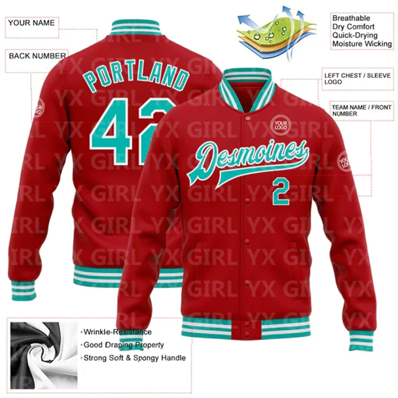 Custom Red Aqua-White Bomber Full-Snap Varsity Letterman Jacket 3D Printed Baseball Button Jacket