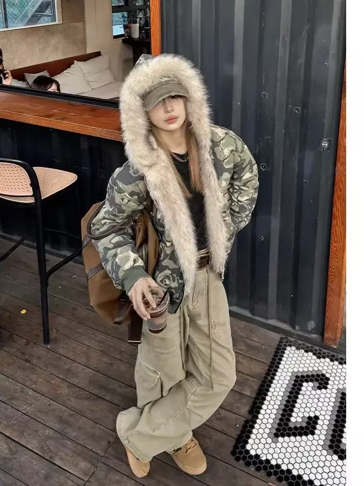 American Vintage Camouflage Plush Hat Jacket Y2K High Street Hip hop Harajuku Loose Women Make Old Hoodies Fashion Streetwear