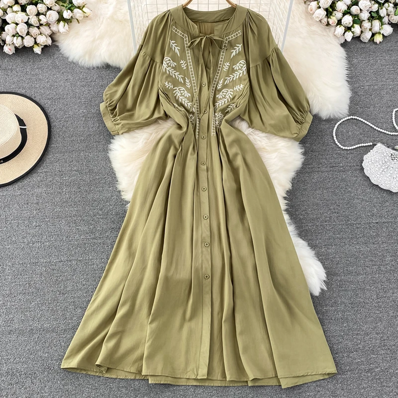 Teelynn Vintage ethnische Stickerei lockeres Kleid für Frauen Tunika Kleid lässig Puff ärmel Kleider Herbst Rayon Baumwolle Boho Vestidos