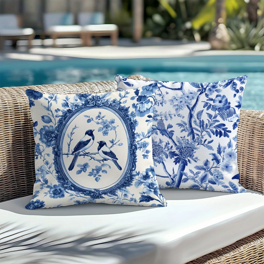 4Pcs Double‑Sided Blue‑and‑White Porcelain Style Pillow Covers, Floral Bird Pattern Square Cushion Cases for Living Room Bedroom