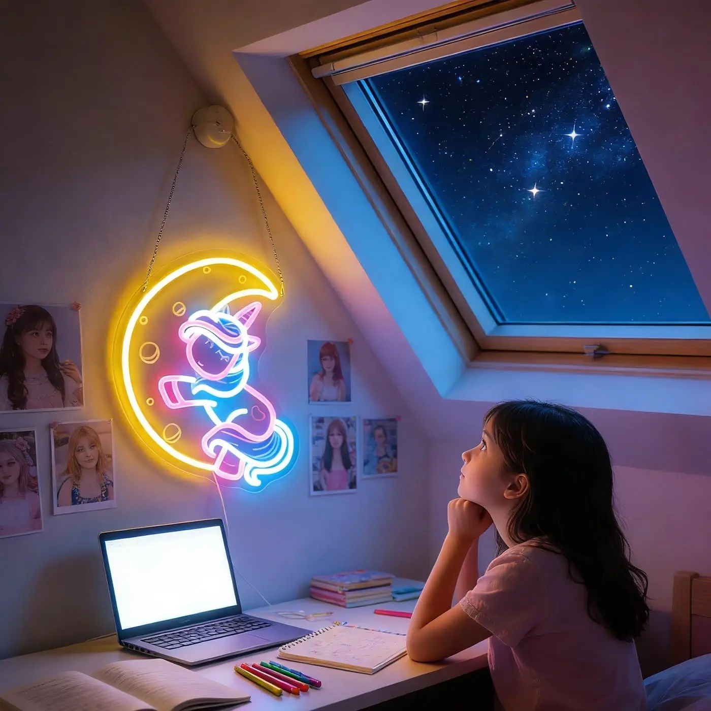 Crescent Moon Unicorn LED Neon Sign USB Powered Wall Light for Kid Bedroom Nursery Girl Room Birthday Baby Shower Art Decor Gift
