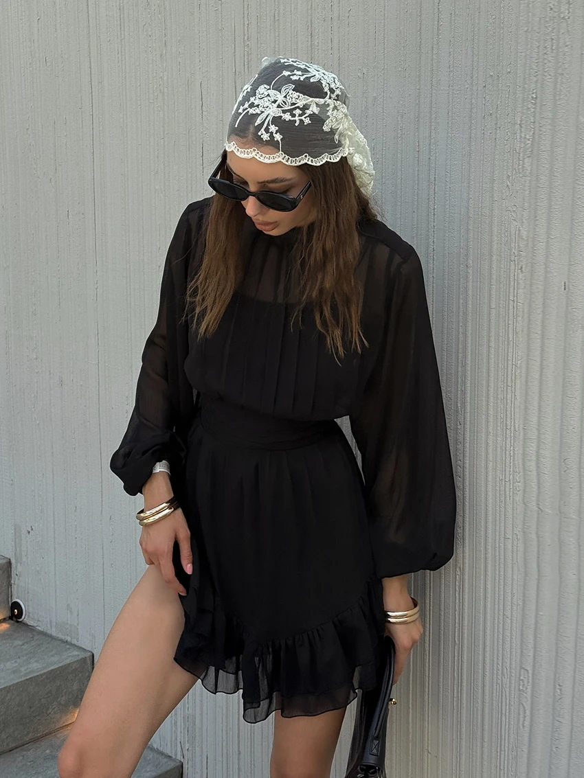 

Marthaqiqi Casual Ladies Sleepwear Long Sleeve Pajama Lace Up Nightie O-Neck Nightgowns Mini Dress Winter Female Nightwear Black