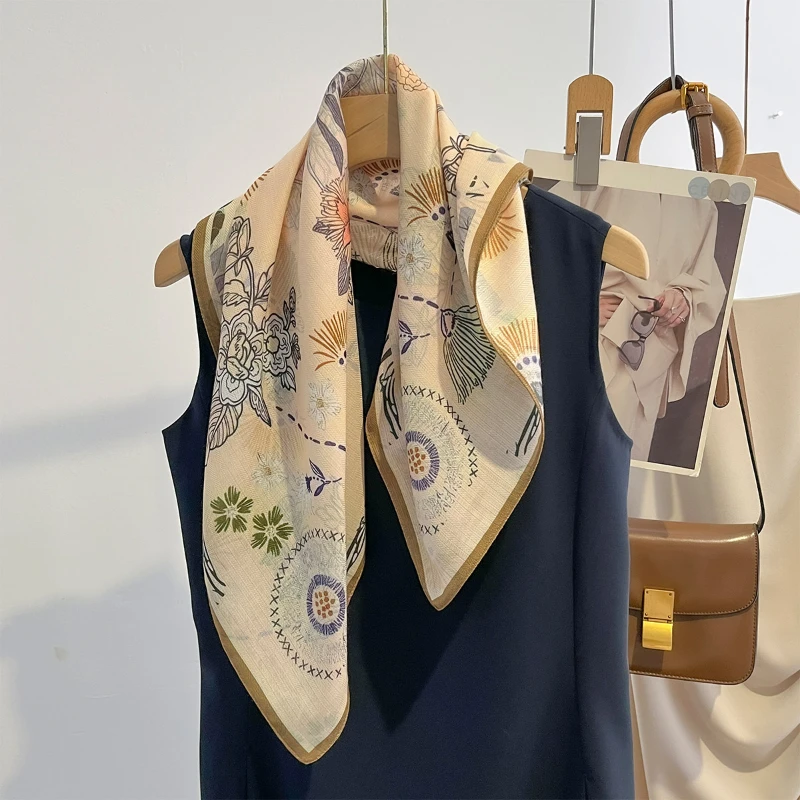 

Square scarf with artistic cotton and linen texture, printed shawl, small square scarf, silk scarf, fashionable women's scarf