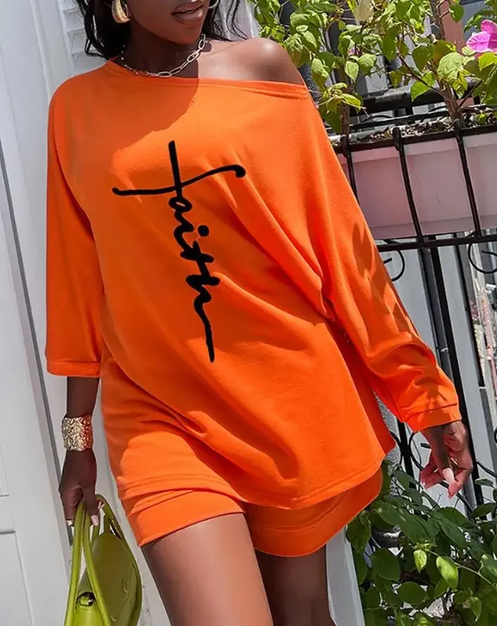 Women Outfits Faith Print Casual Top & Shorts Set Summer Fashion Women's Casual Skew Neck Bright Pocket Design Two Piece Sets