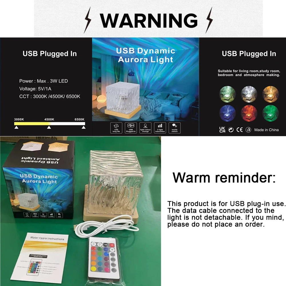 LED Water Ripples Aurora Projector Night Light 16 color RGB USB Plug Ocean Wave Flame Crystal Lamp for Living Room Study Bedroom