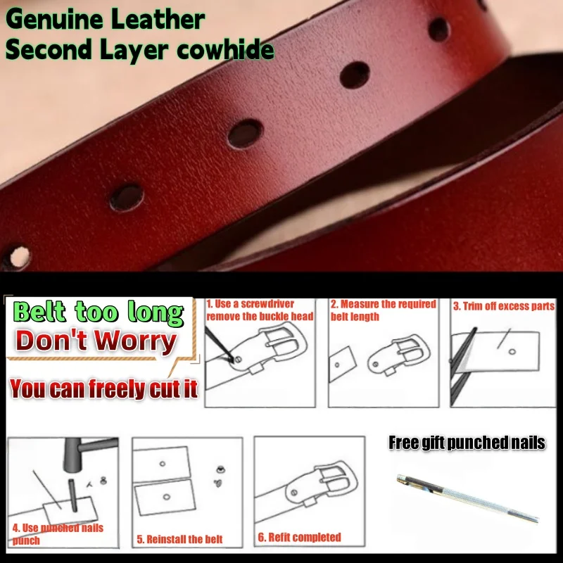 2.8cm Width Ladies' Pin Hole Buckle Belt Women Genuine Leather Belts Real Second Layer Cowhide Vintage Jeans Girl's Waistband