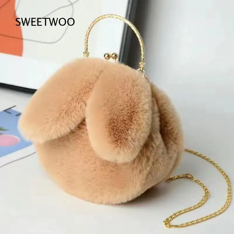 Cute Women Plush Rabbit Ear Handbag Gold Metal Handle Removable Chain Elegant Party Crossbody Purse