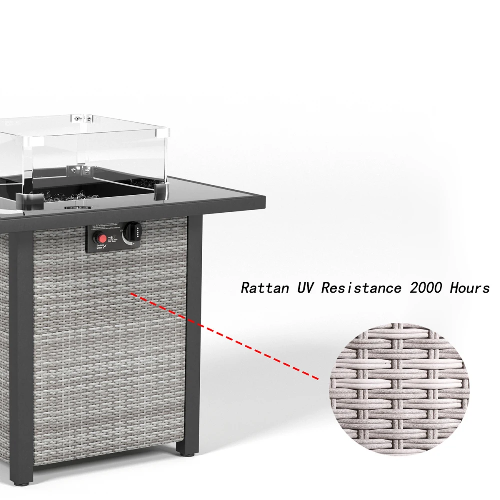 Mesa para fogueira propano de 28 polegadas, rattan e vime, fogões a gás 50000 BTU, tampo de vidro temperado com pára-brisas de vidro