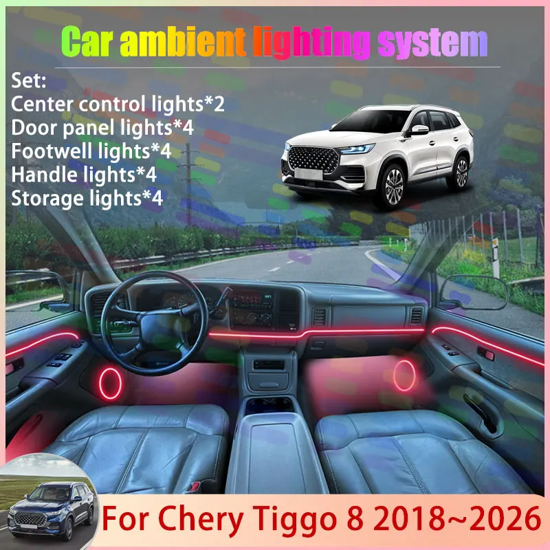 For Chery Tiggo 8 2018~2026 MK1 Fownix Grand Tour 2/24 in 1 Car Atmosphere Light Lamp RGB Shade Ensemble Streamer Atmosphere Set