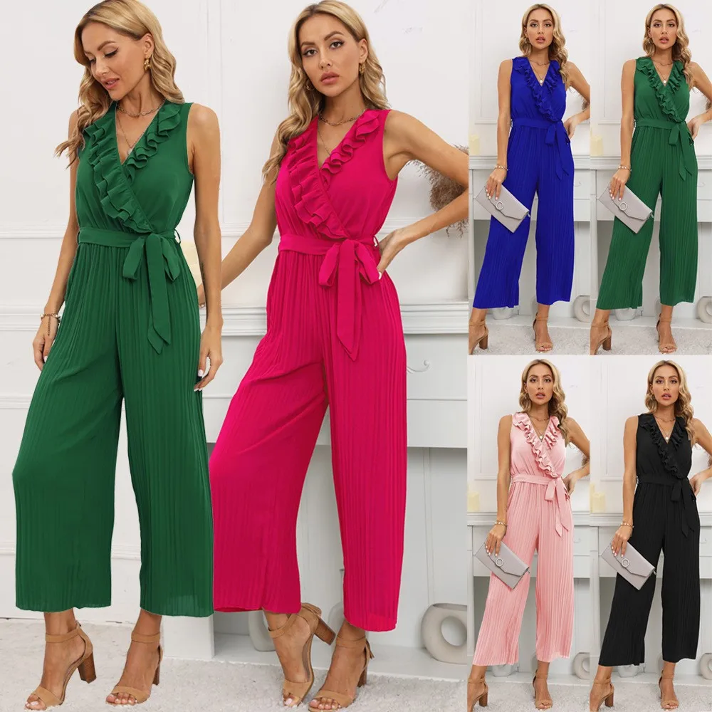 

Women's Summer Fashion Women's Jumpsuit New Comfortable Sleeveless V-Neck Lotus Leaf Lace Pleated Jumpsuit
