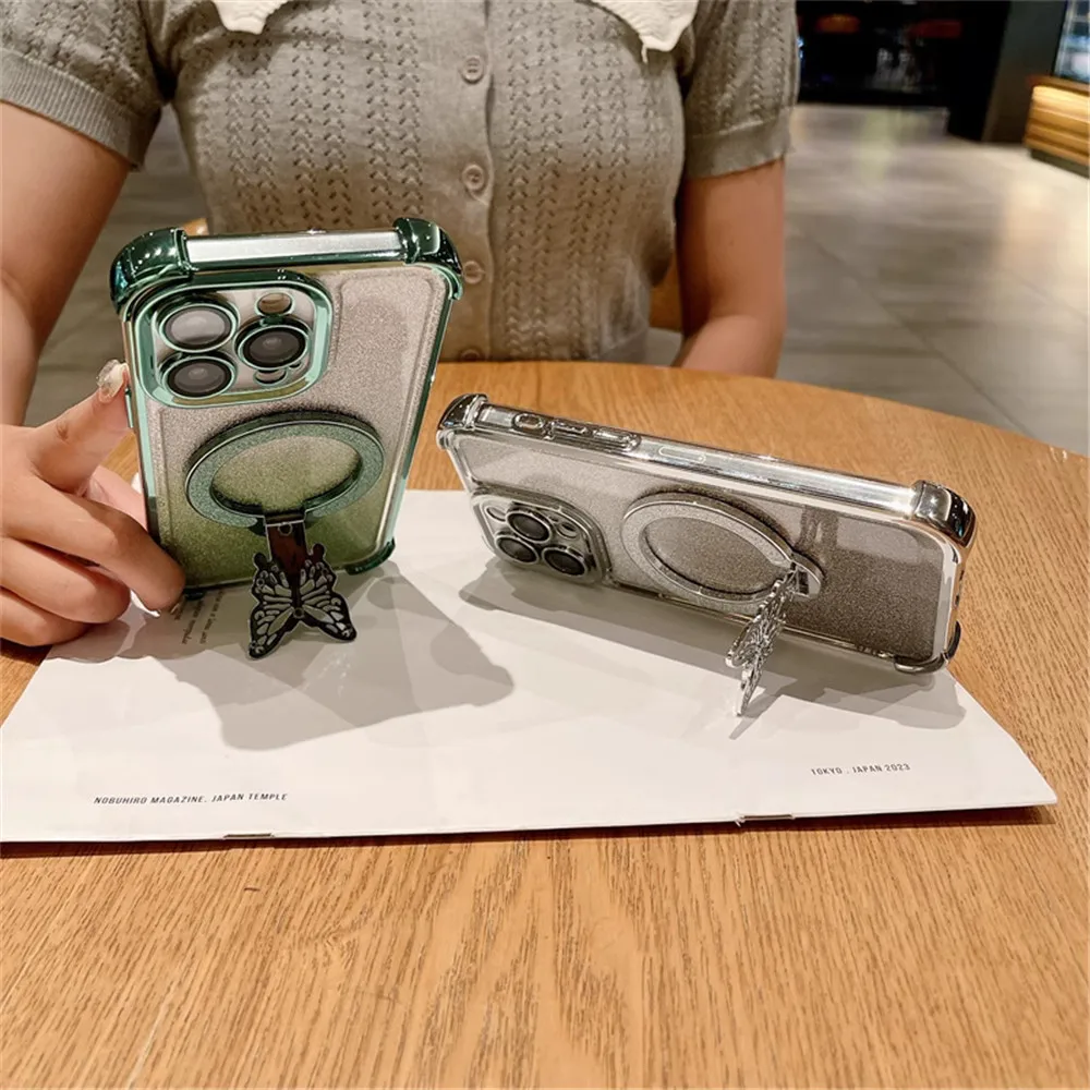 Butterfly Bracket Plating Glitter Phone Case For Samsung Galaxy A12 A22 A32 A52 A52S A13 A23 A33 A53 A73 4G 5G Shockproof Cover