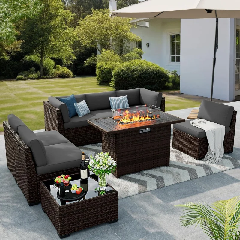 

Q8 Pieces Outdoor Patio Furniture Set with 44" Rattan Sectional Conversation Sets w/Gas Fire Pit, Coffee Table, 2