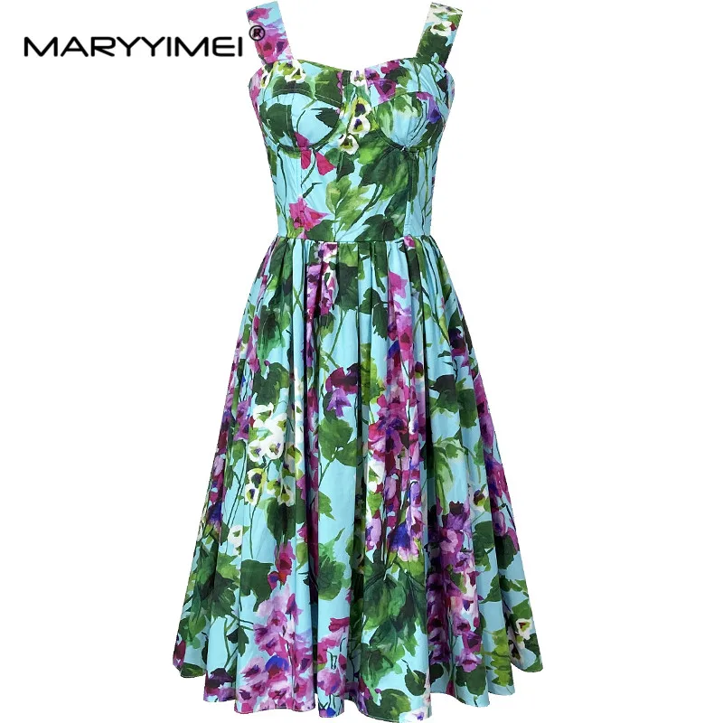 Imagem -06 - Maryyyimei-vestido de Algodão Puro Feminino Pulseira de Espaguete Folha Verde Estampa Floral Vestidos de Férias Moda