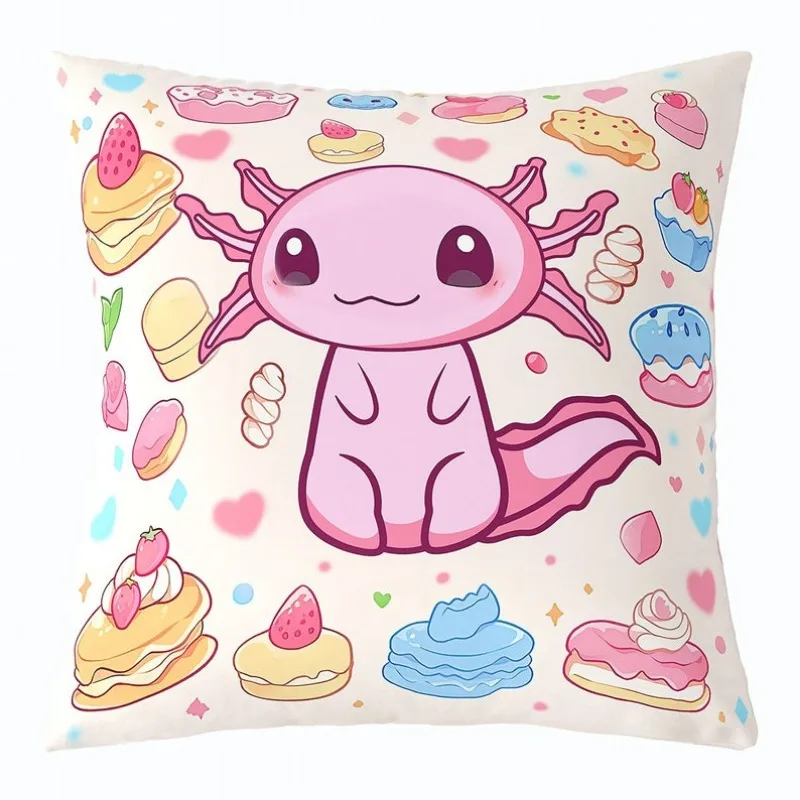 Pink Axolotl Pillow Case Cover, Cartoon Ocean Animal Pillow Cover for Kids Teens, Cute Cake Bread Dessert Graffiti Cushion Cover