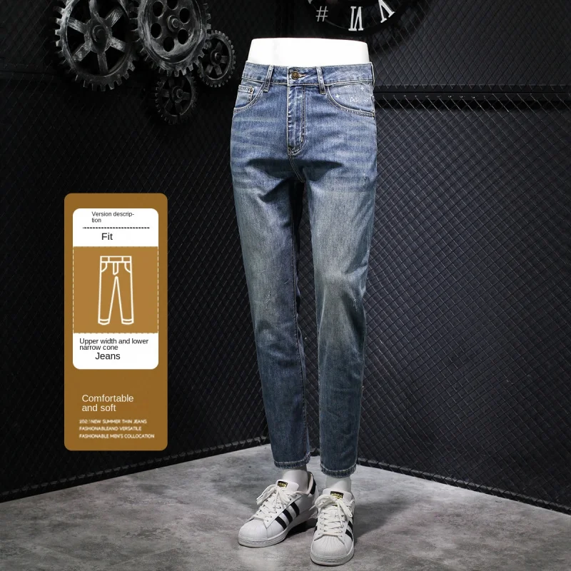 2024 Sommer dünne Jeans Herren gewaschen Retro modisch bedruckte High-End-Stretch All-Matching schmal geschnittene kleine gerade Hose