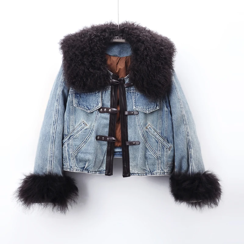 Fashion Removable Lambswool Fur Collar Thick Warm Down Liner Denim Jacket Winter Women Loose Casual Long Sleeve Jeans Jackets