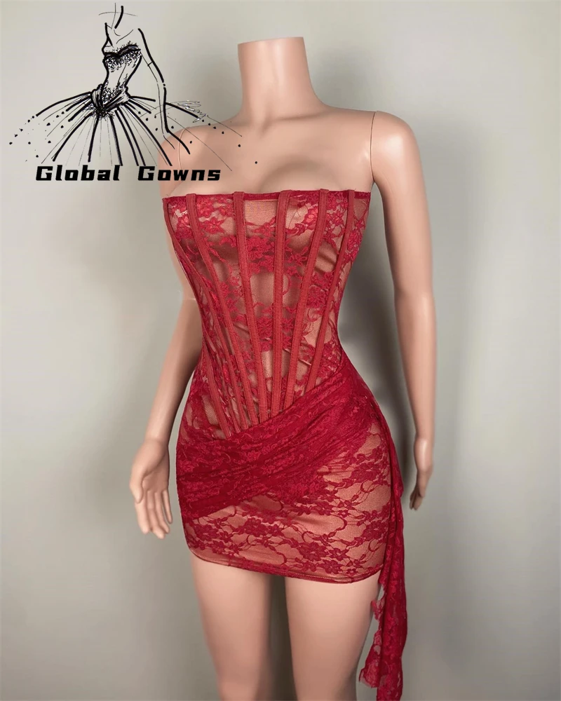 

Red Strapless Short Prom Dresses Black Girls Appliques Birthday Party Dress Fish Bone Mini Cocktail Dress Homecoming Customized