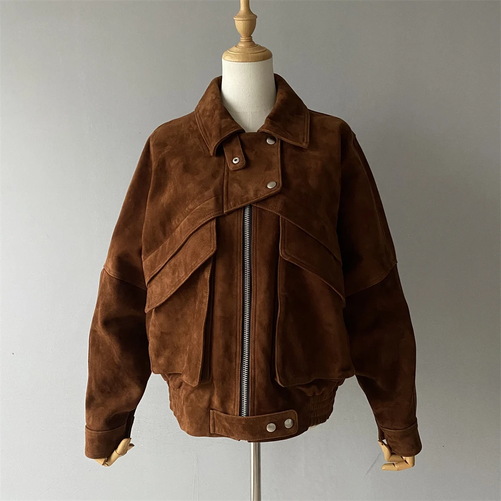Jaxmonoy jaqueta de couro de camurça real para mulheres 2025 outono nova chegada casaco de pele de carneiro oversized senhora moda jaquetas de couro genuíno
