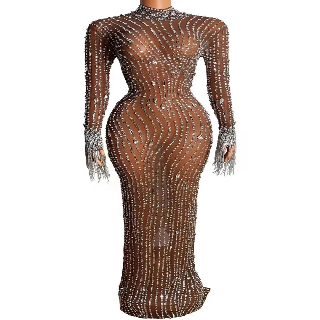 

Luxury See Through Stage Show Dresses diamond Sparkly Rhinestones Transparent Evening Birthday Celebrate Dress