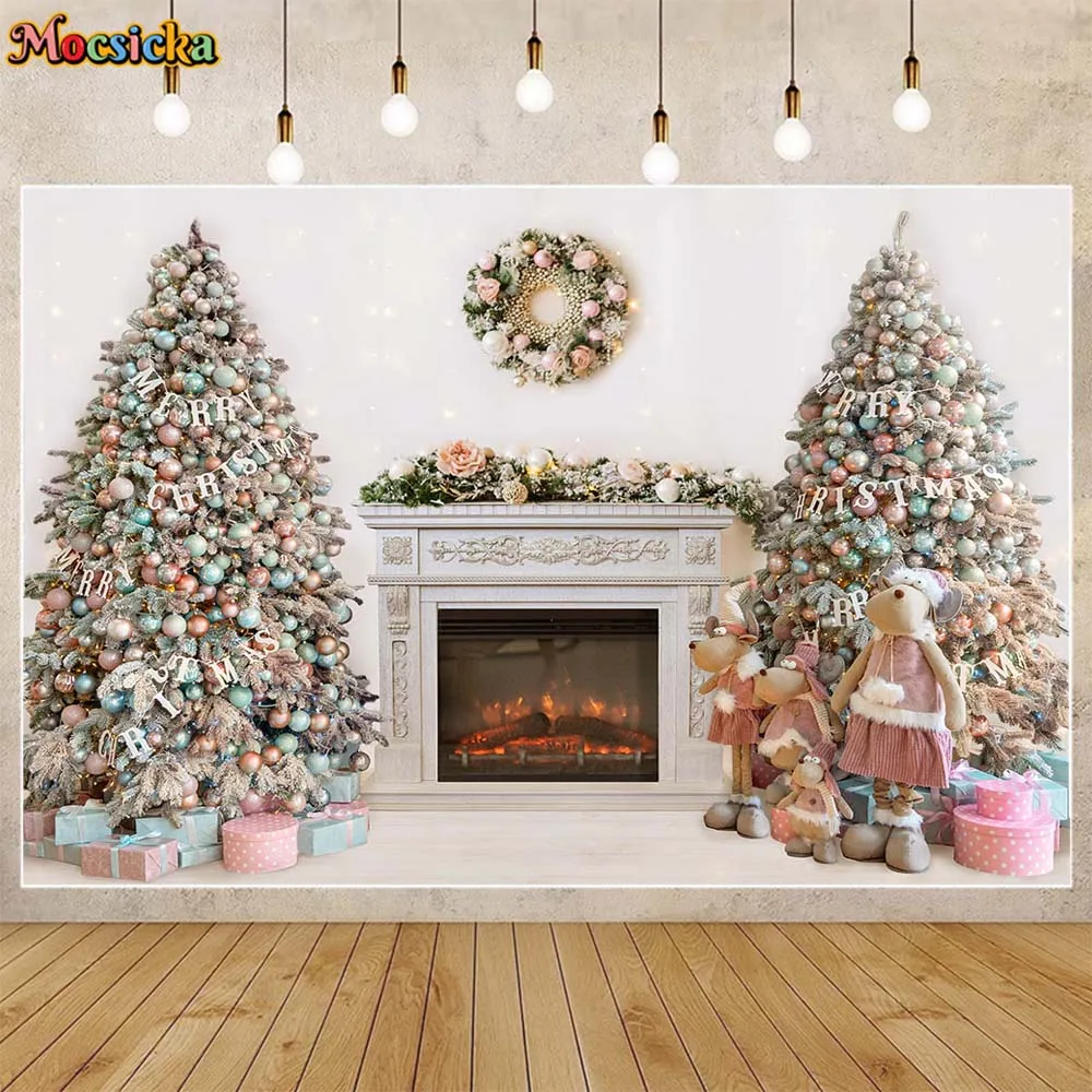 

Mocsicka Merry Christmas Photo Background Xmas Tree White Fireplace Wreath Indoor Family Portrait Photography Backdrop Photocall