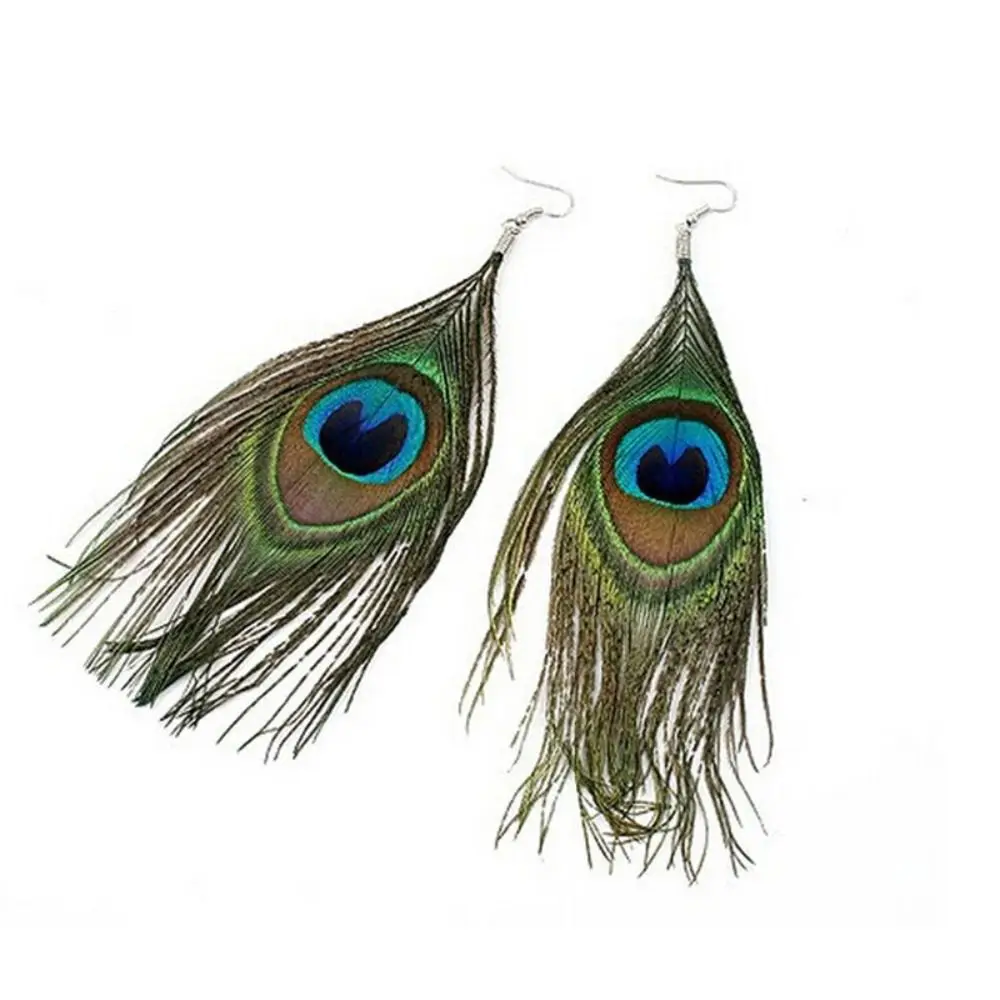 Retro National Style Ear Hook Ethnic Style Gift Bohemian  Jewelry Jade Bead Women Dangle Earrings Peacock Feather Earrings