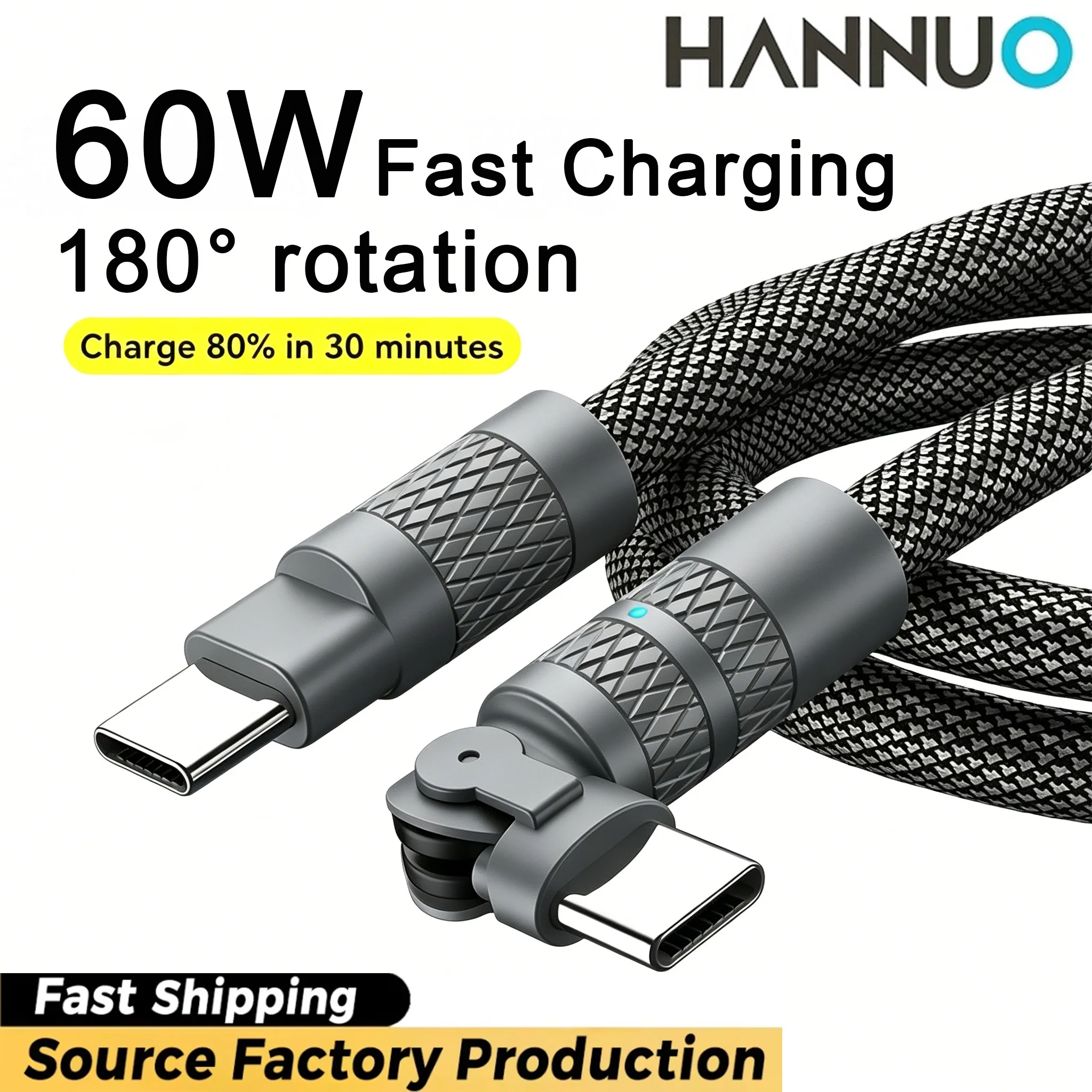 

HANNUO 60w Super Fast Charge Type C 180 ° rotating elbow TYPE-C-C data cable Usb Cable Usb C to C Charger Cable for iPhone USB C