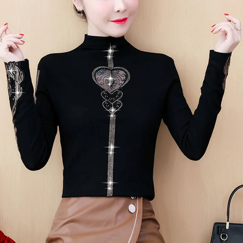 Elegant Lace Spliced Hollow Out Diamonds Blouse Women\'s Clothing 2023 Autumn New Oversized Casual Pullovers Office Lady Shirt