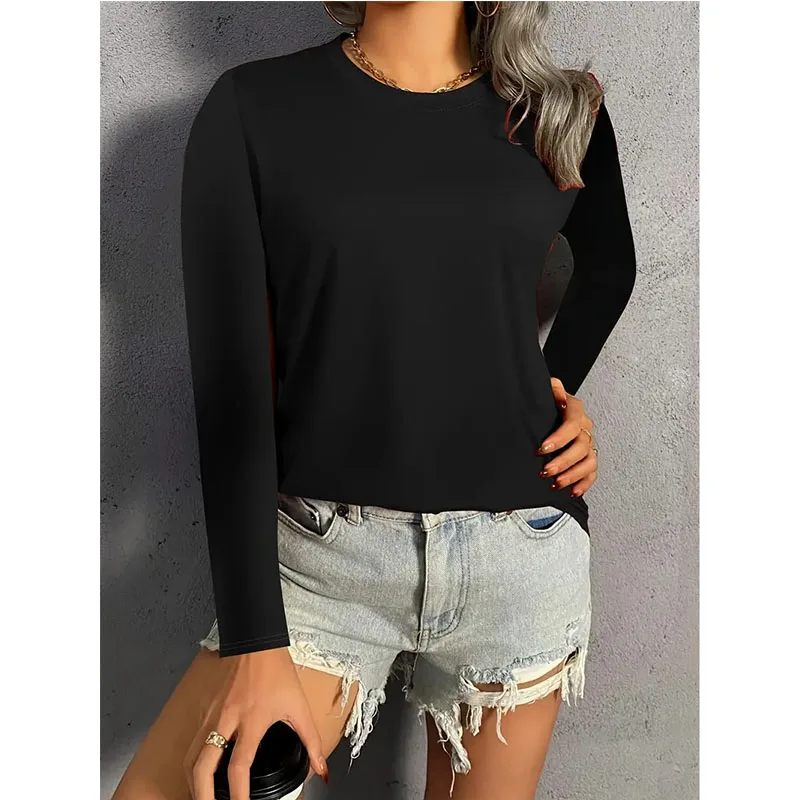Frau Casual Langarm Rundhals T-Shirt Frauen Regelmäßige Einfarbig Schwarz T Shirt Alle Jahreszeiten Tees Tops Damen Kleidung