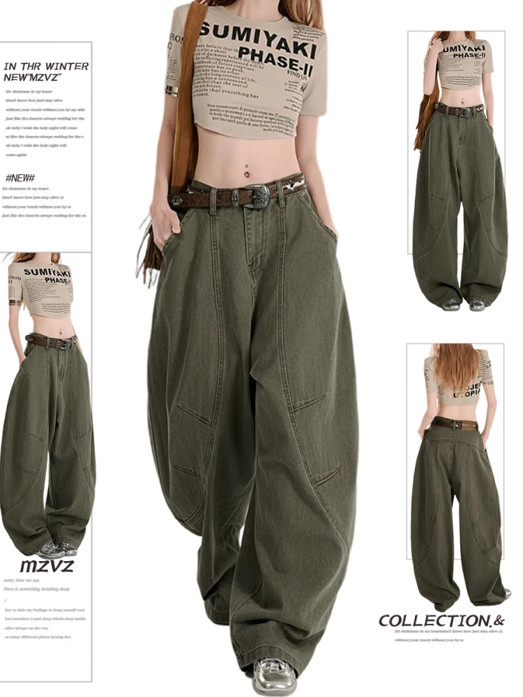 بنطلون جينز نسائي واسع الساق بتصميم عسكري أمريكي عتيق باللون الأخضر، تصميم صيفي فضفاض بخصر مرتفع وساق طويلة #5