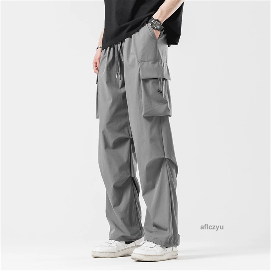 Effen Kleur Rechte Broek Mannen Zomer Meerdere Zakken Cargo Broek Mode Causale Waterdichte Broek Mannen Elastische Taille Broek