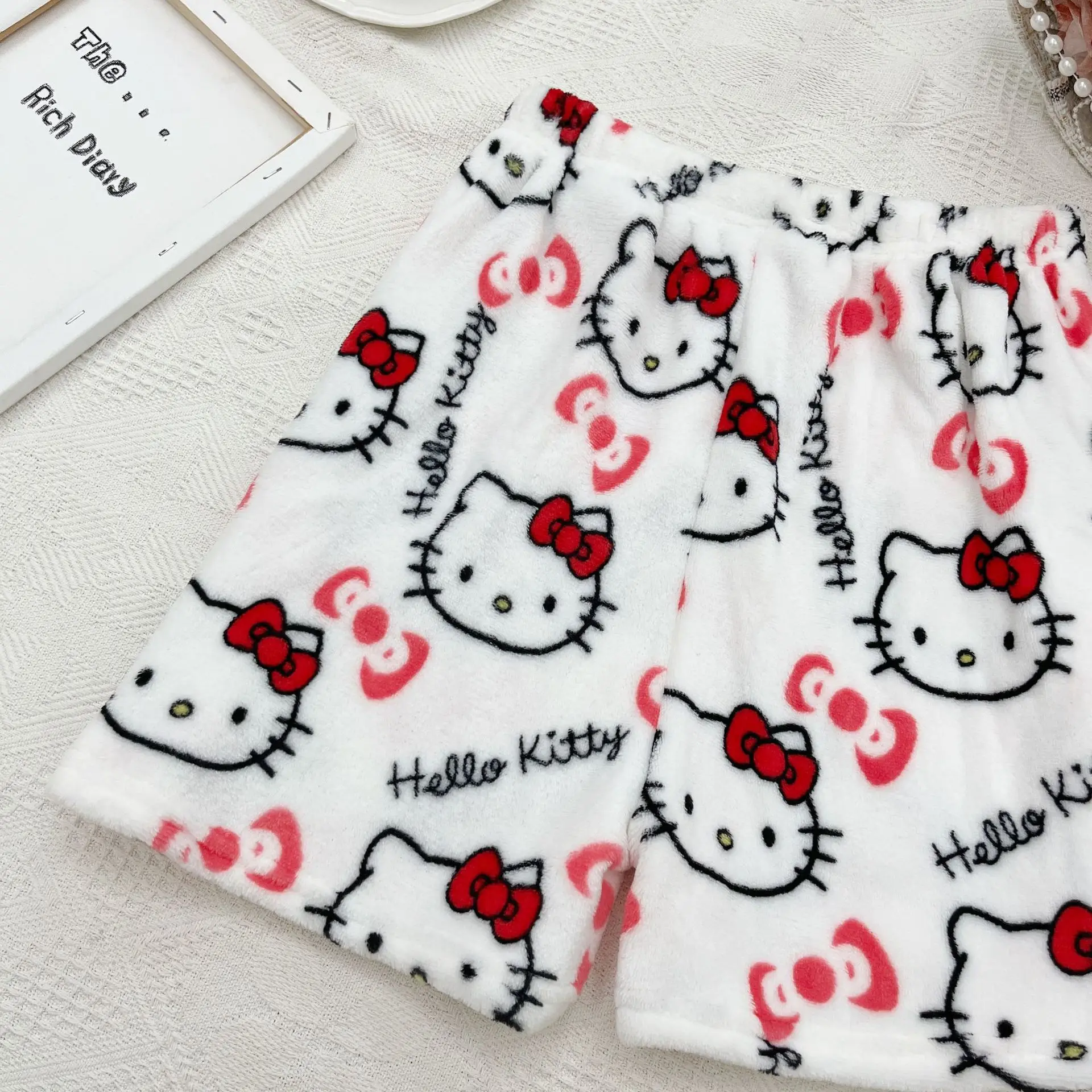 Sanrio Hello Kitty Pajamas Pants Black Pink Anime Flannel Women Warm Woolen White Cartoon Casual Home Pant Autumn Grils Trousers